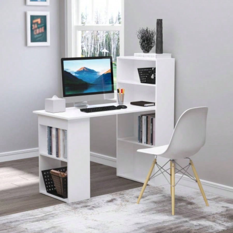 HOMCOM Modern Home Office Desk with 6 - Tier Storage Shelves, 47 Writing Table with Bookshelf, White