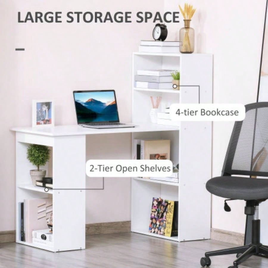 HOMCOM Modern Home Office Desk with 6 - Tier Storage Shelves, 47 Writing Table with Bookshelf, White