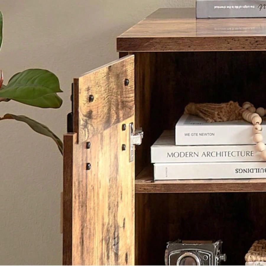 Home Office Desk Distressed Wood One Cabinet Three Shelves Faux Barn Door on Metal Euro Hinges Modesty Panel