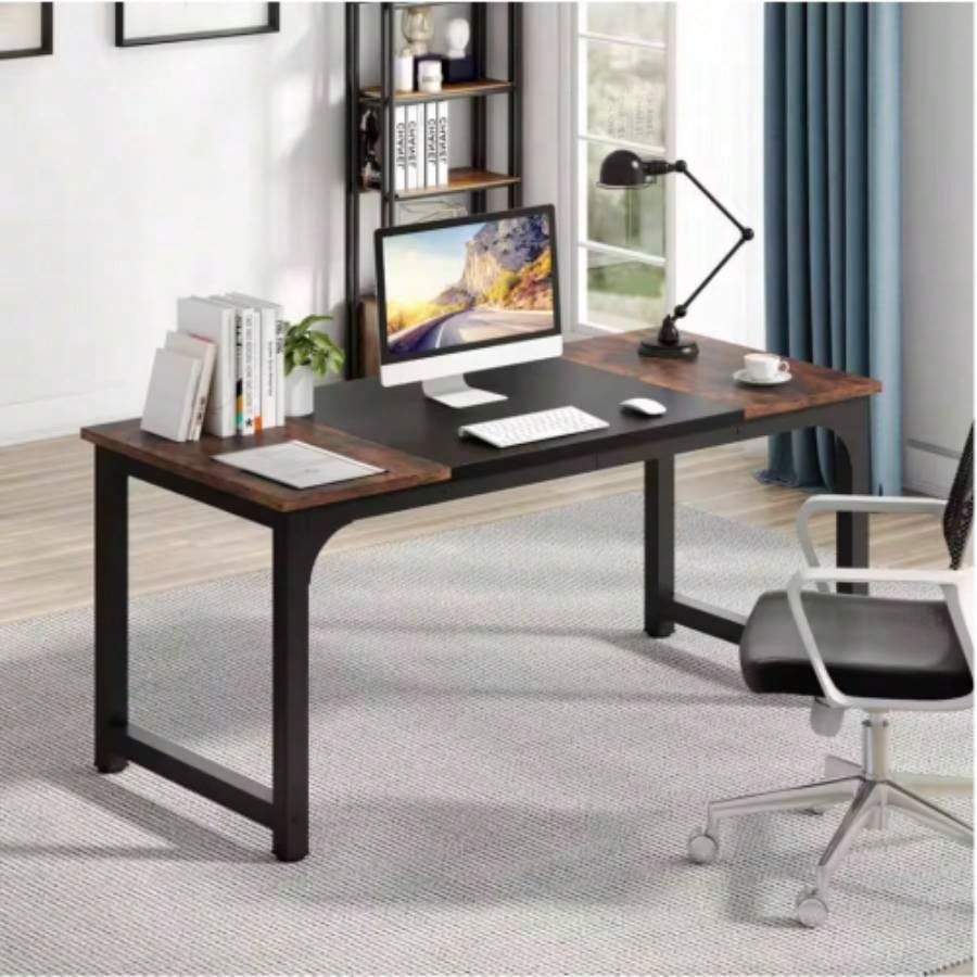 70.8 Executive Office Desk, Large Modern Computer Workstation with Thick Metal Frame, Rustic Vintage Gray Black Business Furniture Home Office