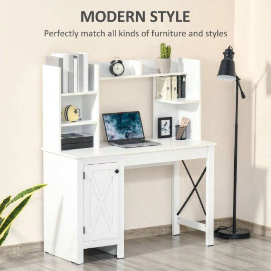 HOMCOM Farmhouse Computer Desk with Hutch and Cabinet, Home office Desk with Storage, Study, White