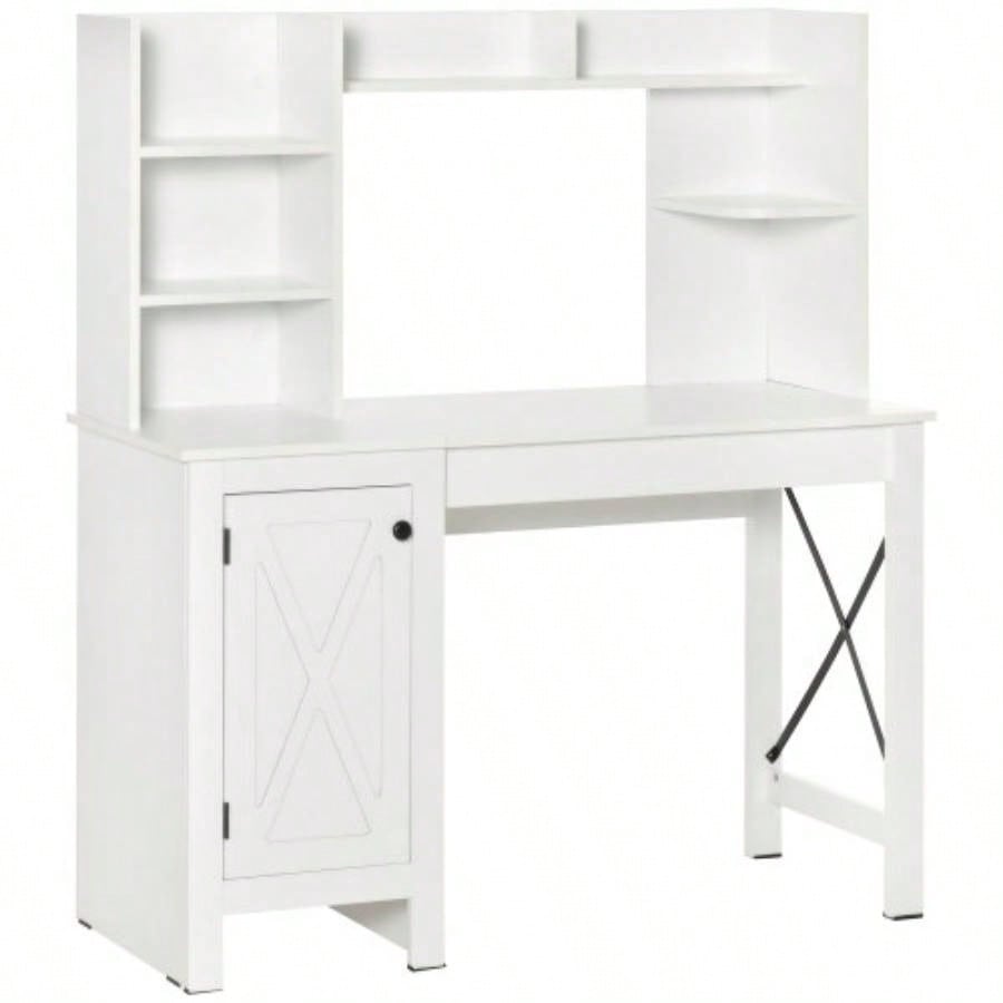 HOMCOM Farmhouse Computer Desk with Hutch and Cabinet, Home office Desk with Storage, Study, White