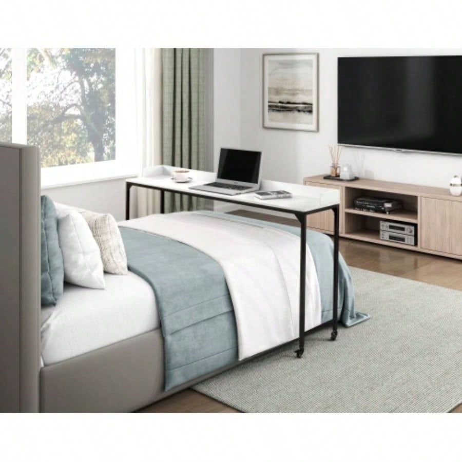 White Multipurpose Over Bed Desk with Adjustable Height, Metal with Casters, Overbed Table 1pc, Laptop Table Bed, Breakfast Table