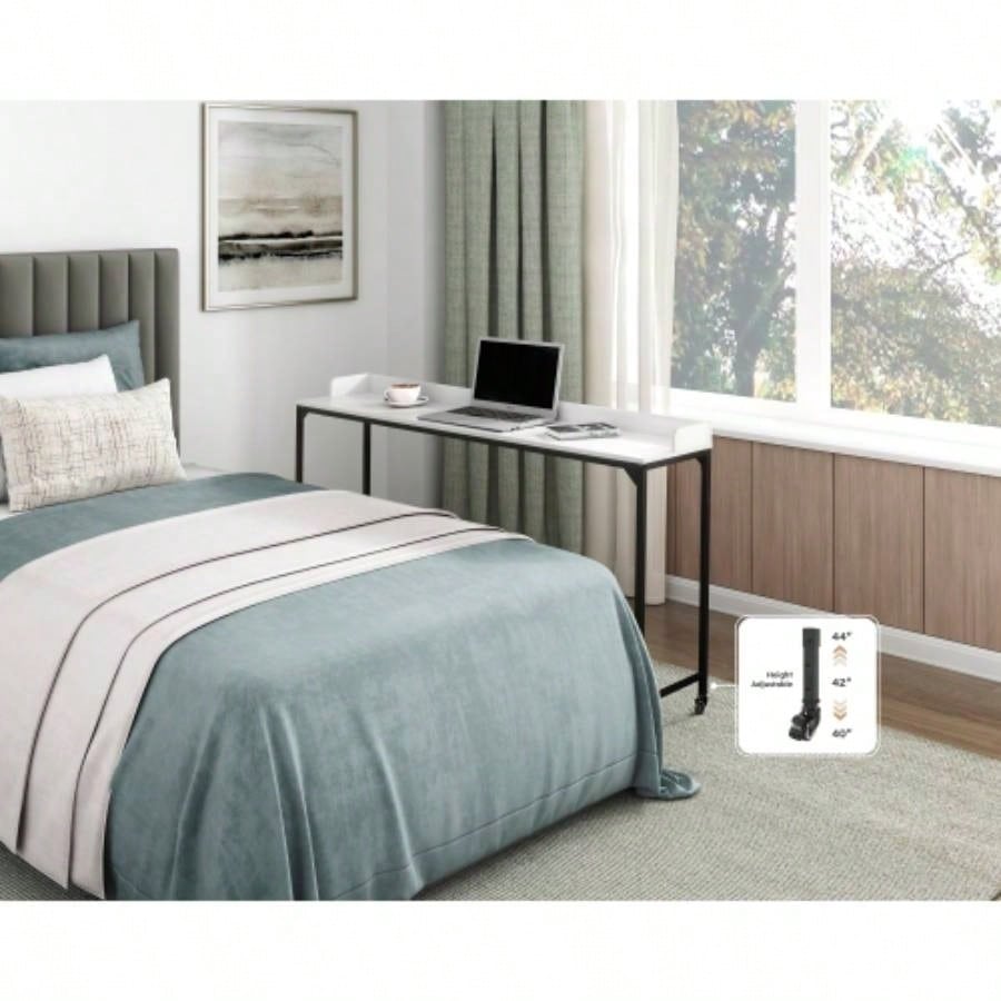 White Multipurpose Over Bed Desk with Adjustable Height, Metal with Casters, Overbed Table 1pc, Laptop Table Bed, Breakfast Table