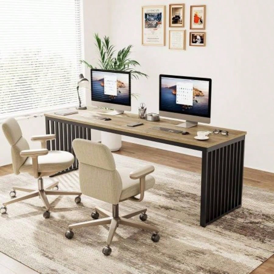 78.74 Inches Double Computer Desk 2 Person - Long Industrial Workstation with Heavy Duty Metal Frame, Large Dual Study Table Home Office, Brown and Black