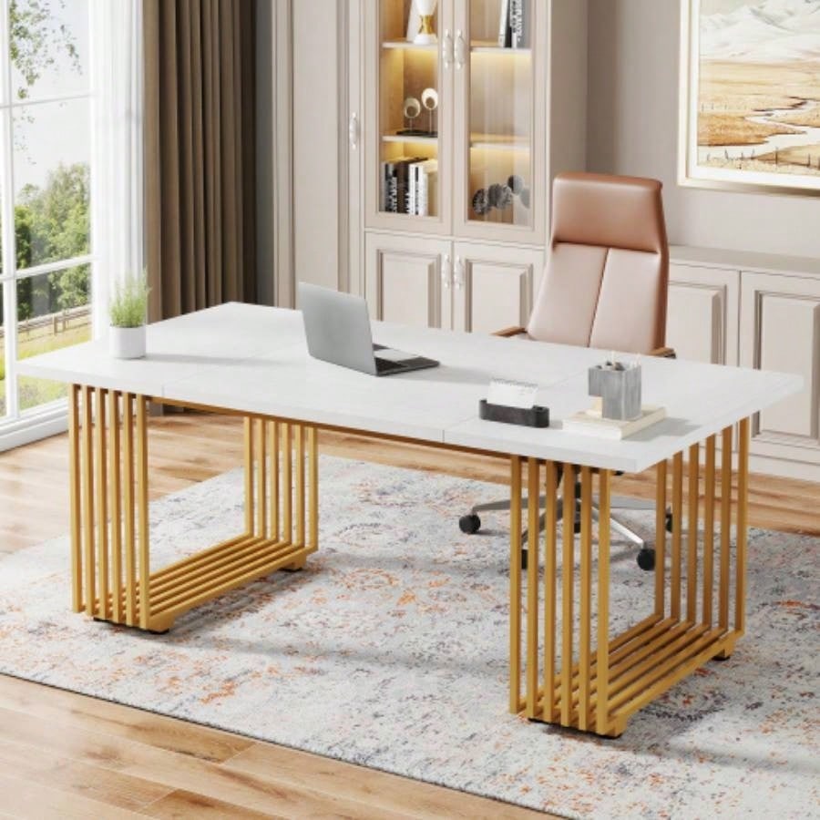 70.9 Modern Executive Desk, Large White Computer Desk with Gold Metal, Wooden Office Desk Home Office, Writing, Study, or Meeting Room Table 6 - 8 People