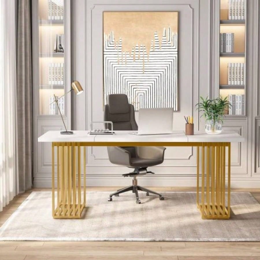 70.9 Modern Executive Desk, Large White Computer Desk with Gold Metal, Wooden Office Desk Home Office, Writing, Study, or Meeting Room Table 6 - 8 People