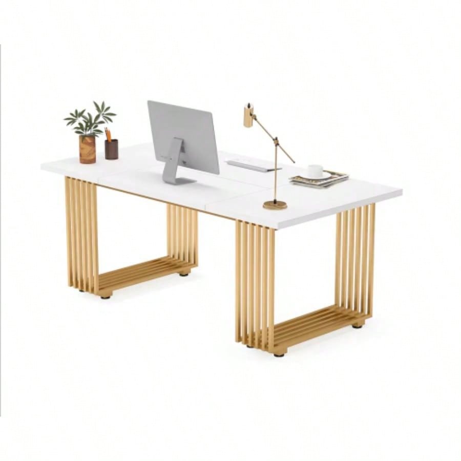 70.9 Modern Executive Desk, Large White Computer Desk with Gold Metal, Wooden Office Desk Home Office, Writing, Study, or Meeting Room Table 6 - 8 People