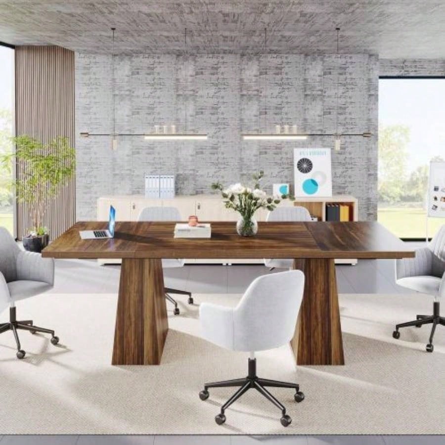 63 Modern Executive Desk, Large Home Office Computer Workstation with Sturdy Double Pedestal Base, Elegant Study Writing Table Business Gaming, Rustic Brown