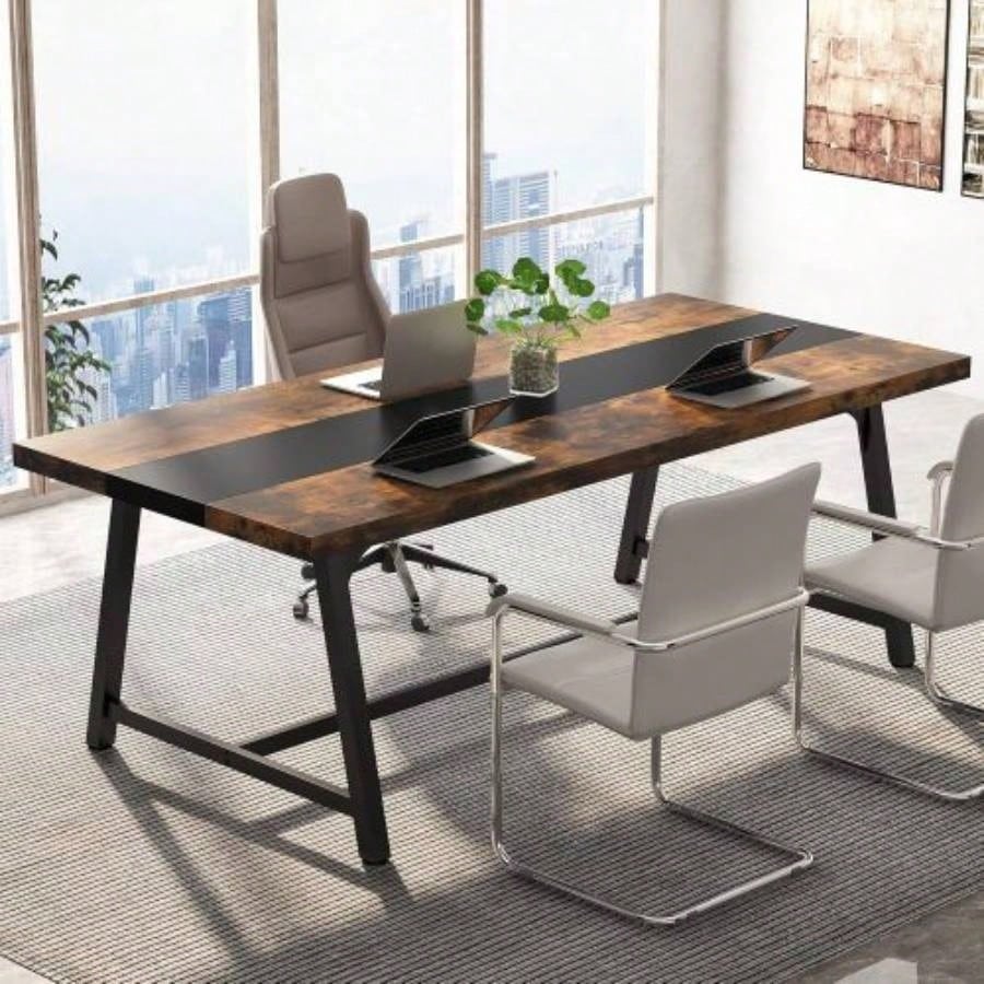 70.87 Modern Rectangular Conference Table 6 - 8 People, Office Executive Desk with Durable Metal Frame, Large Work Surface Boardroom Collaboration - Black