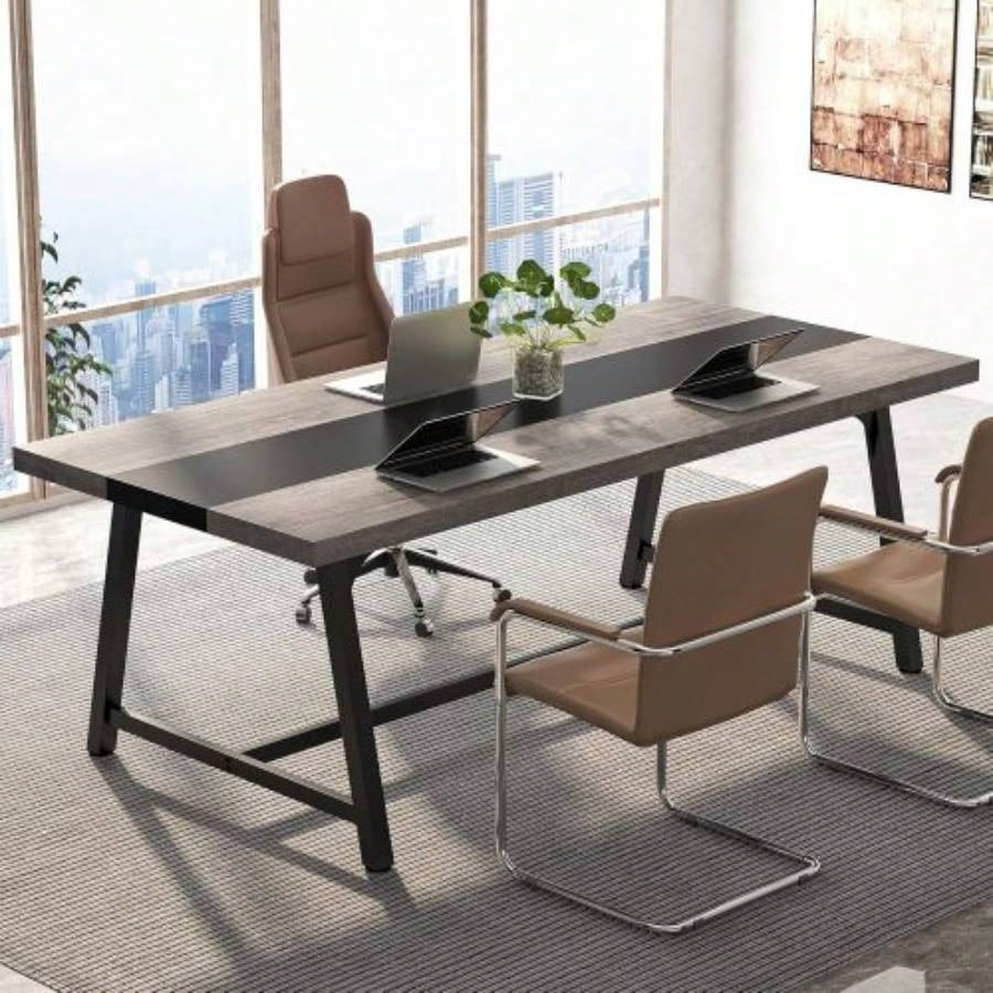 70.87 Modern Rectangular Conference Table 6 - 8 People, Office Executive Desk with Durable Metal Frame, Large Work Surface Boardroom Collaboration - Rustic Brown Black