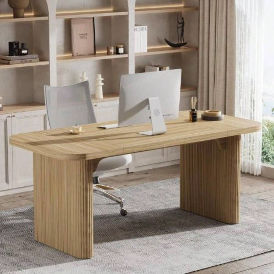 62 Modern Executive Desk, Large Home Office Computer Workstation with Sturdy Double Pedestal Base, Simple Rectangular Writing Study Table, Natural