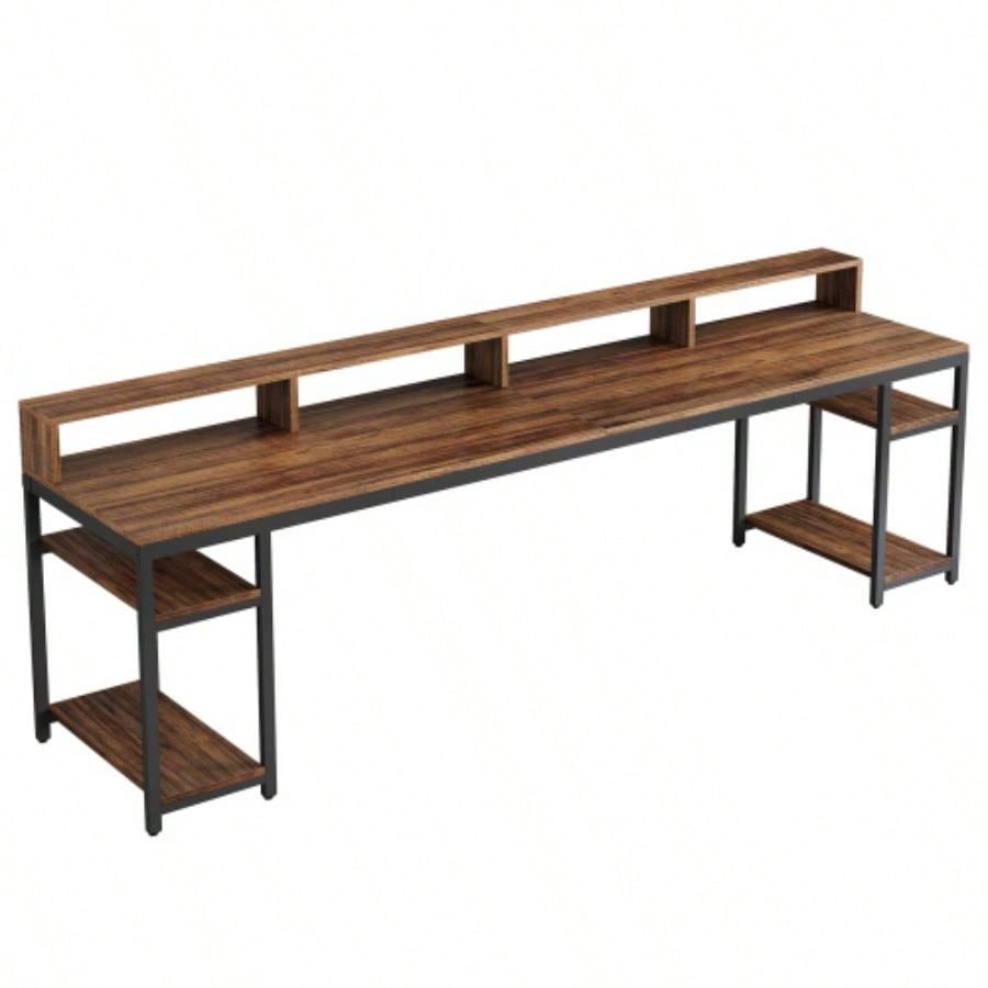 Two Person Desk with Monitor Stand, 78.74 Long Double Computer Office Desk with Storage Shelves, Large Gaming Study Writing Table Workstation Home Office Rustic Brown