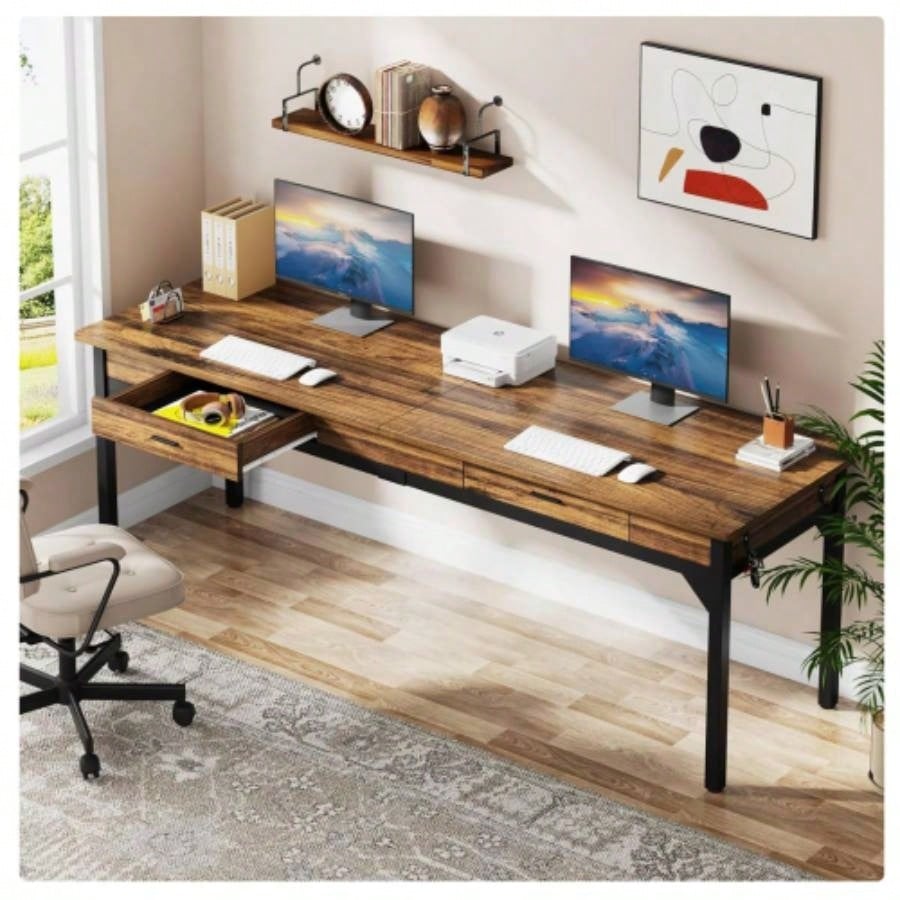 78. Long Double Office Desk Two, Rustic Brown Executive Computer Workstation with 2 Drawers and Hooks, Industrial Home Office Desk with Metal Frame Shared Workspace or Study