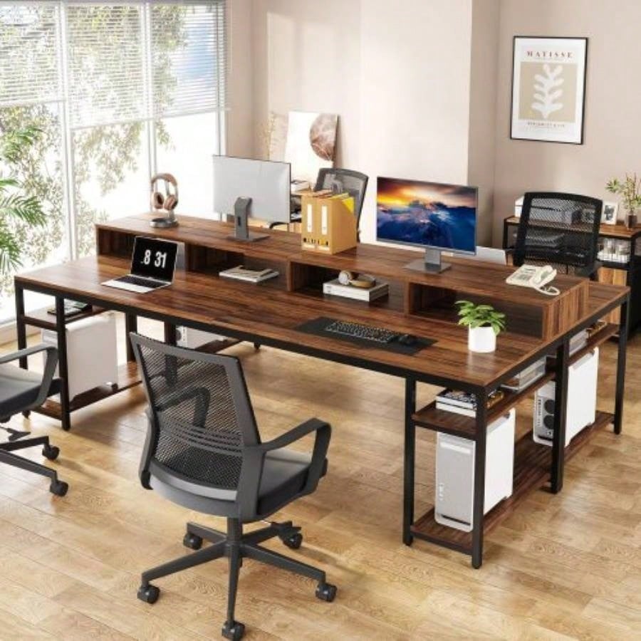 Two Person Desk with Monitor Stand, 78.74 Long Double Computer Office Desk with Storage Shelves, Large Gaming Study Writing Table Workstation Home Office Rustic Brown