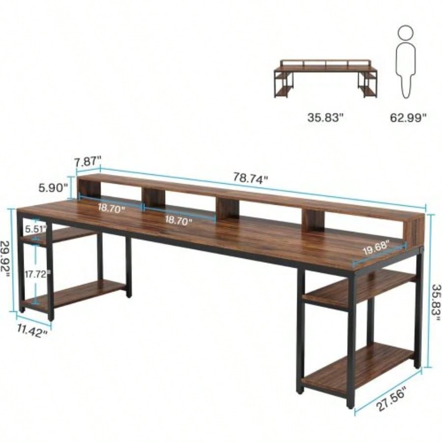 Two Person Desk with Monitor Stand, 78.74 Long Double Computer Office Desk with Storage Shelves, Large Gaming Study Writing Table Workstation Home Office Rustic Brown