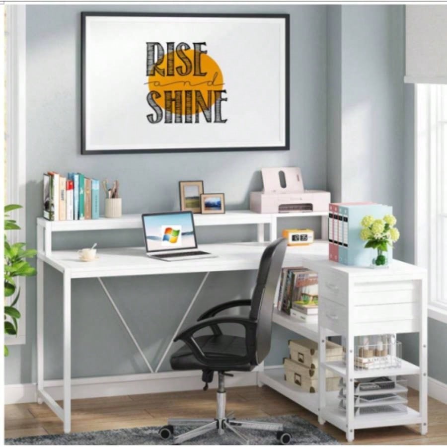 55 - Inch L - Shaped Home Office Desk with Monitor Riser, Drawers, and Storage Shelves, Corner Computer Desk Small Spaces, Farmhouse Writing Table, Beige White