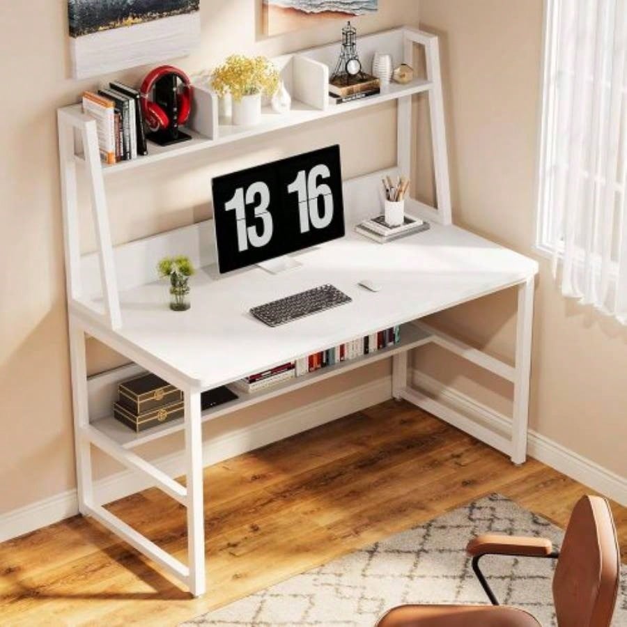 47 Computer Desk with Hutch and Bookshelf, Compact Home Office Desk Small Spaces, Writing Study Table with Storage, Modern Workstation Laptop 2 Monitors, White