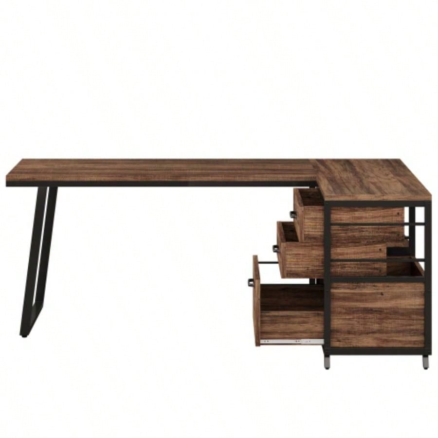 53 Reversible L - Shaped Computer Desk with 3 Drawers and Storage Shelves, Industrial Corner Home Office Desk with File Cabinet, Space - Saving Workstation Small Rooms, Rustic Brown