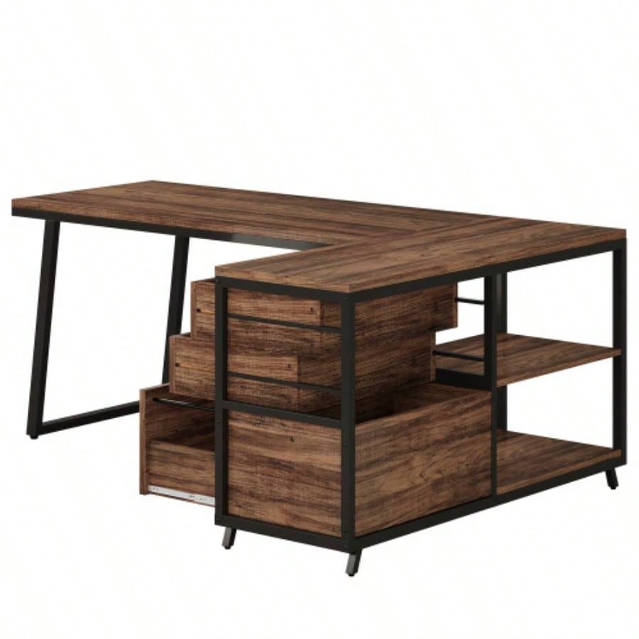 53 Reversible L - Shaped Computer Desk with 3 Drawers and Storage Shelves, Industrial Corner Home Office Desk with File Cabinet, Space - Saving Workstation Small Rooms, Rustic Brown