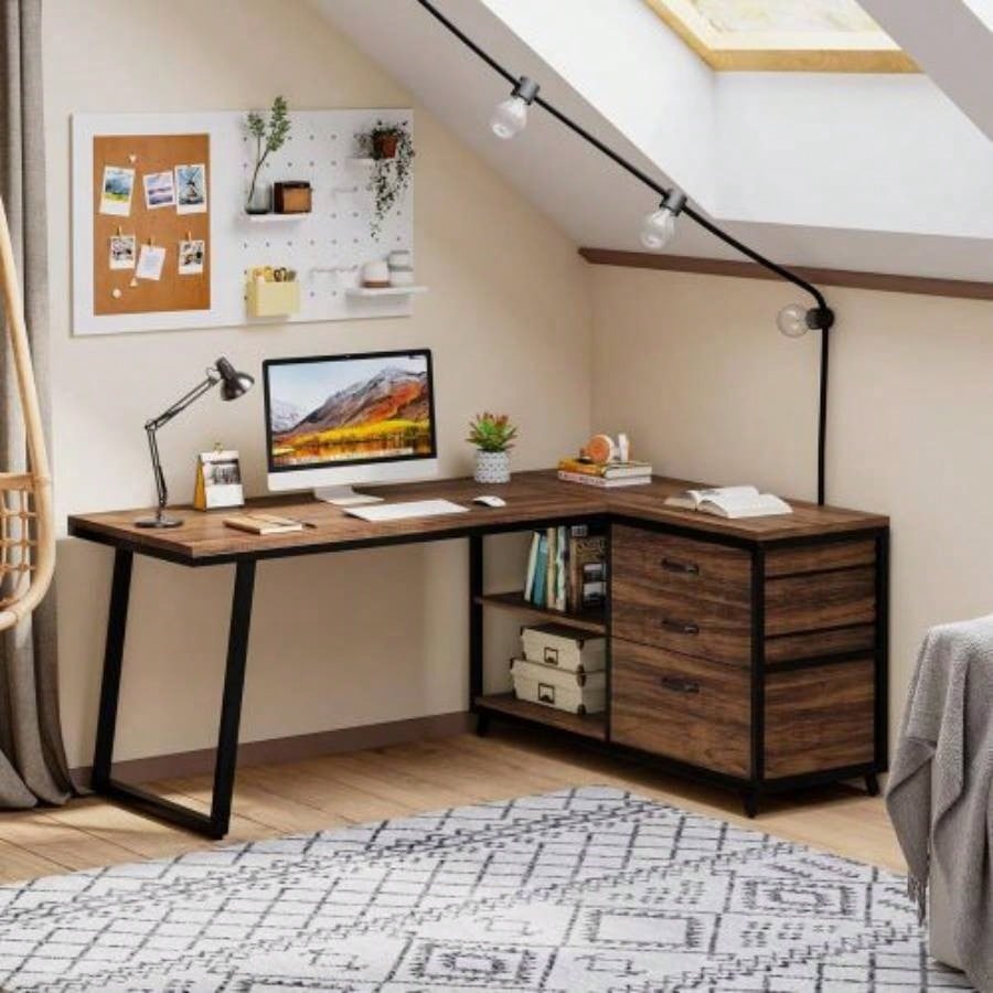 53 Reversible L - Shaped Computer Desk with 3 Drawers and Storage Shelves, Industrial Corner Home Office Desk with File Cabinet, Space - Saving Workstation Small Rooms, Rustic Brown