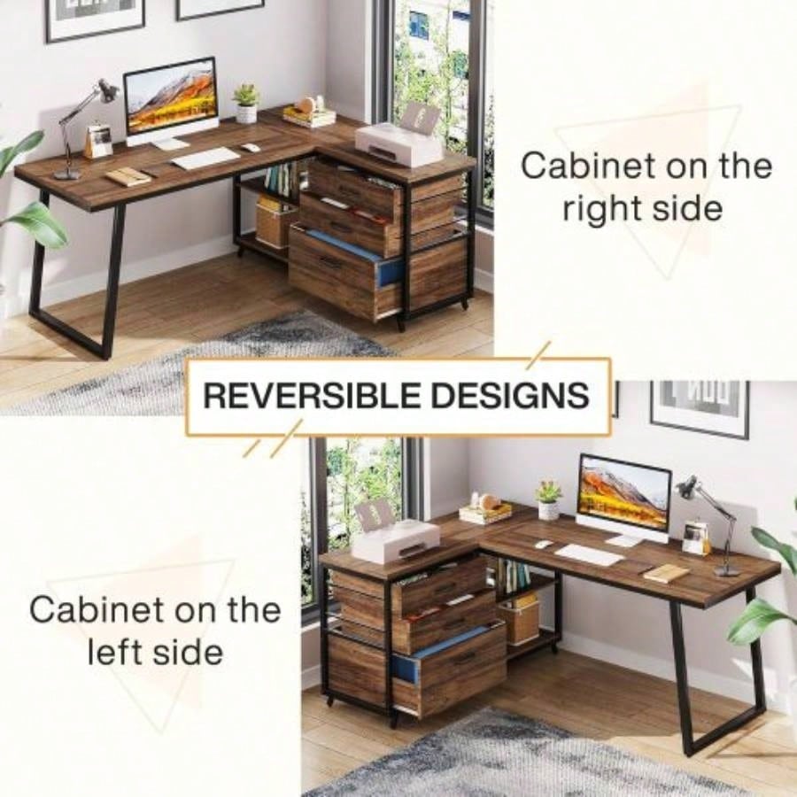 53 Reversible L - Shaped Computer Desk with 3 Drawers and Storage Shelves, Industrial Corner Home Office Desk with File Cabinet, Space - Saving Workstation Small Rooms, Rustic Brown