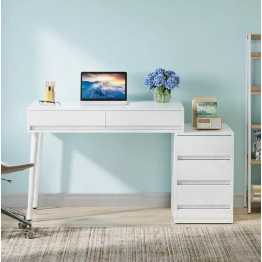 39.37 Modern White Glossy Desk with 5 Drawers Printer Stand, Reversible Home Office Computer Vanity Table Small Spaces