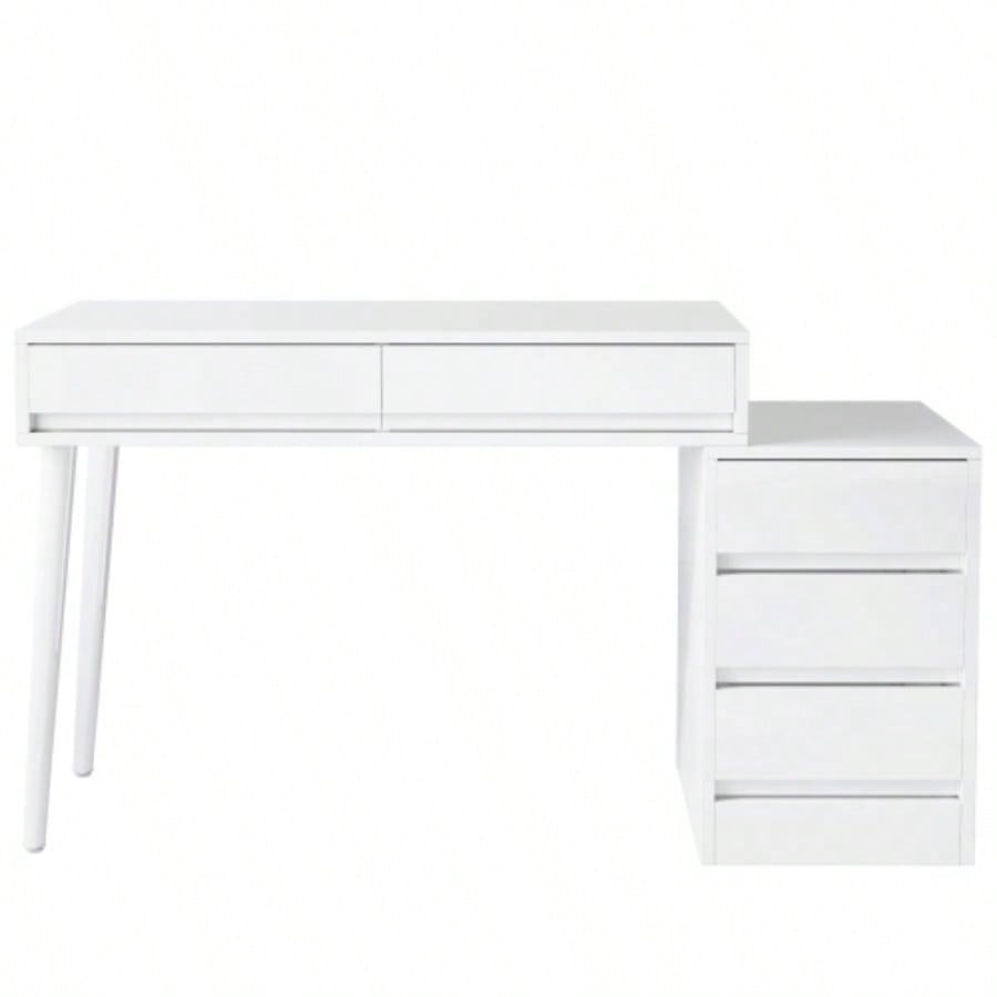 39.37 Modern White Glossy Desk with 5 Drawers Printer Stand, Reversible Home Office Computer Vanity Table Small Spaces