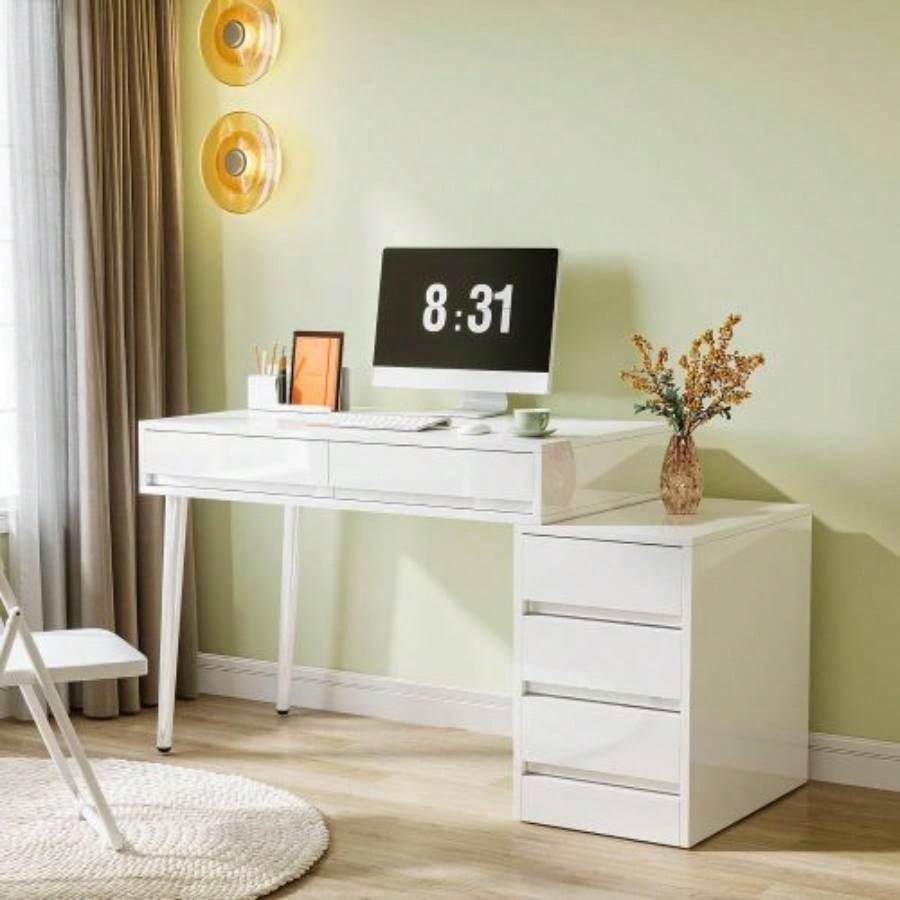 39.37 Modern White Glossy Desk with 5 Drawers Printer Stand, Reversible Home Office Computer Vanity Table Small Spaces