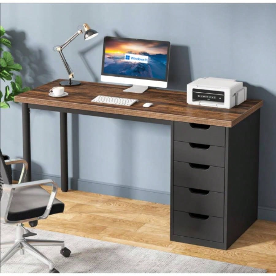 Computer Desk with 5 Drawers, 47 inches Rustic Brown Home Office Desk with Storage, Modern Simple Laptop Desk Study Writing Table Small Spaces Reversible Drawer Cabinet