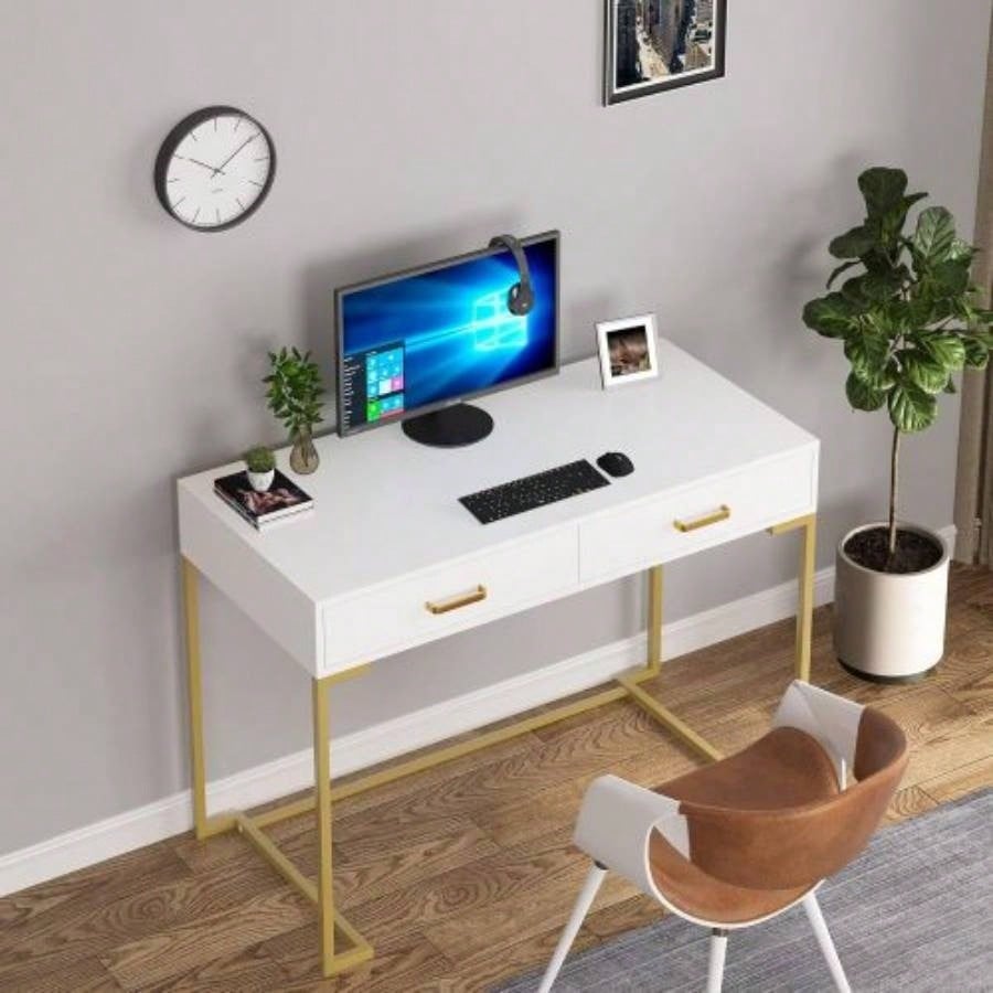 40 White and Gold Computer Desk with 2 Drawers, Modern Home Office Desk, Compact Writing Table, Vanity Desk Bedroom, Study, or Small Spaces, Metal Frame, Minimalist Style