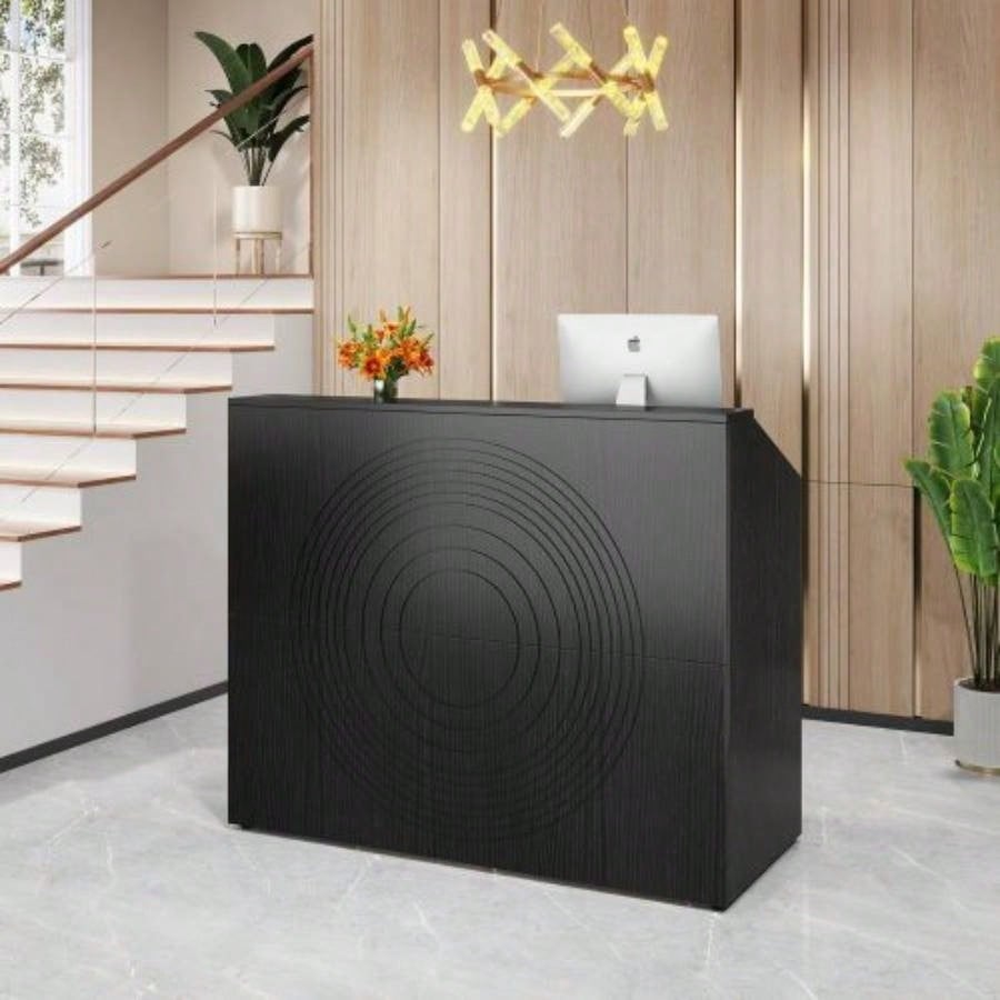 47 Modern White Reception Desk with Counter, Front Desk Table with Grommet Privacy Panels, Retail Checkout Counter Office, Lobby, Salon, Home Office