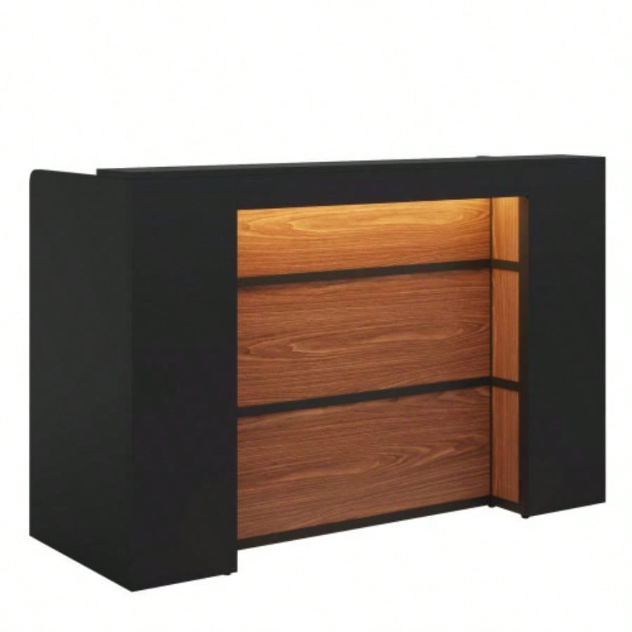 63 Modern Reception Desk with LED Lights, Front Counter with Storage Office Lobby, Beauty Salon, Retail Store, Clinic, or Checkout Area - Black Rustic Brown