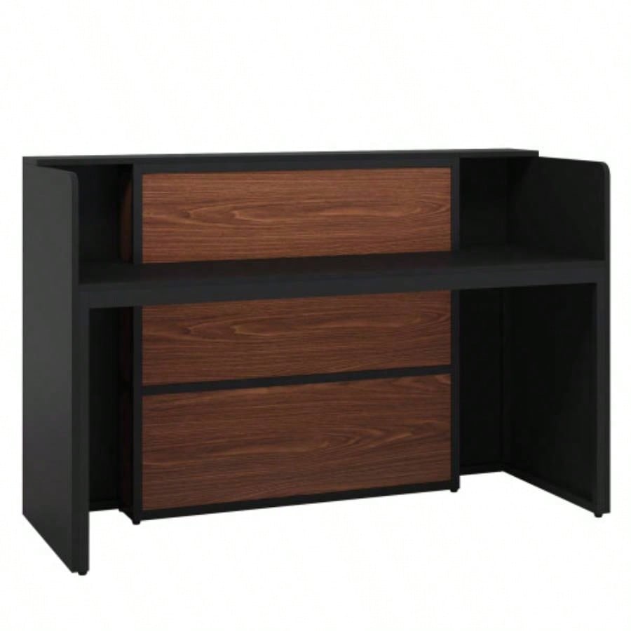 63 Modern Reception Desk with LED Lights, Front Counter with Storage Office Lobby, Beauty Salon, Retail Store, Clinic, or Checkout Area - Black Rustic Brown