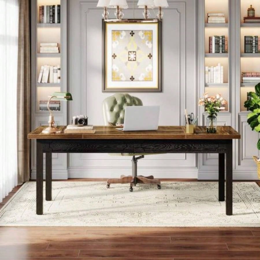 63 Executive Office Desk - Rustic Industrial Computer Table with Thick Wood Top, Large Writing Desk with Metal Frame Back Splash Home Office, Workstation, or Study - Rustic Brown Black