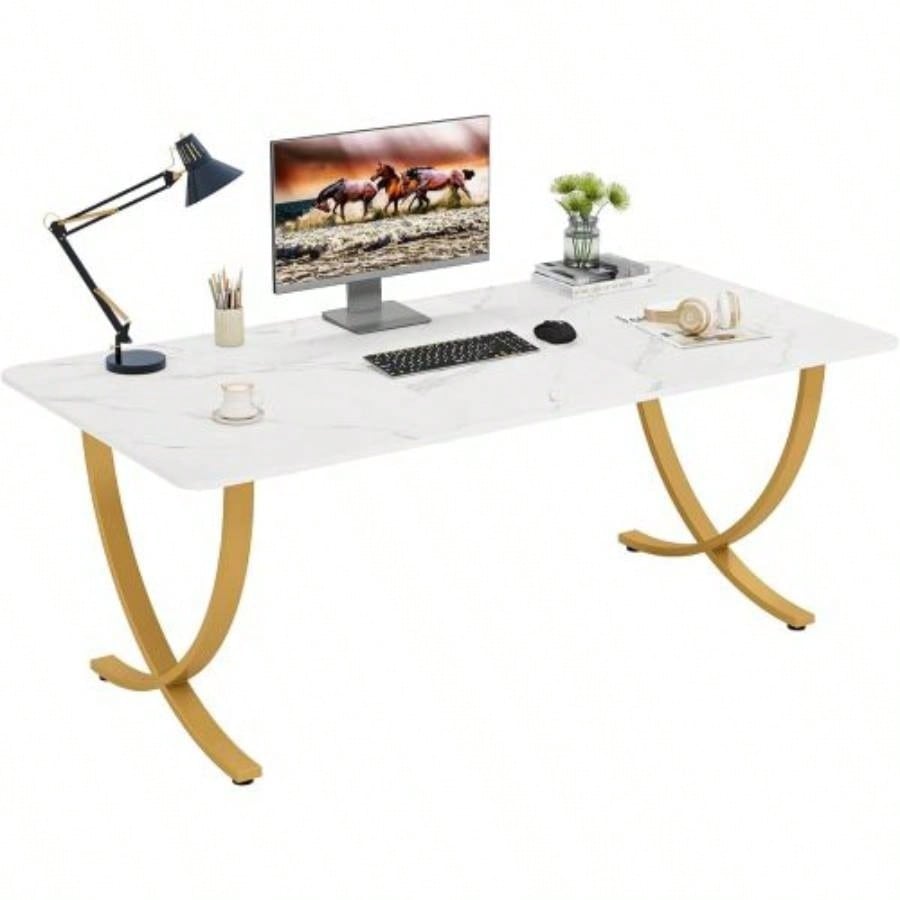 63 Executive Office Desk - Modern White Gold Computer Desk with Faux Marble Tabletop, Large Conference Table Home Office or Meeting Room