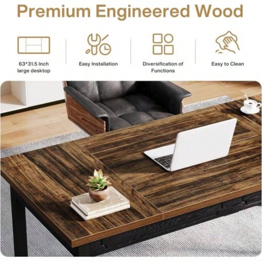 63 Executive Office Desk - Rustic Industrial Computer Table with Thick Wood Top, Large Writing Desk with Metal Frame Back Splash Home Office, Workstation, or Study - Rustic Brown Black