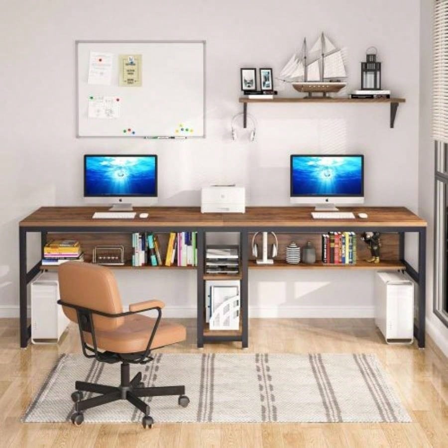 78. Double Desk Two Person with Bookshelves, Rustic Brown Industrial 2 - Person Computer Workstation with Storage Shelves, Home Office Study Writing Table