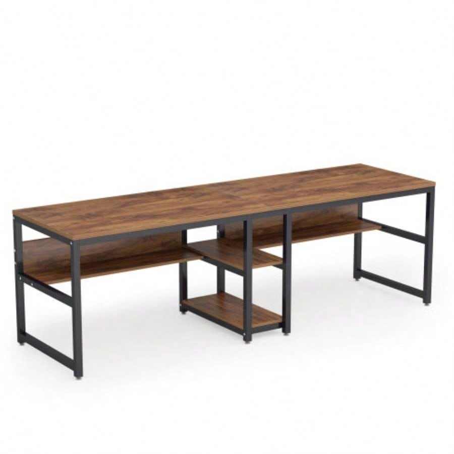 78. Double Desk Two Person with Bookshelves, Rustic Brown Industrial 2 - Person Computer Workstation with Storage Shelves, Home Office Study Writing Table