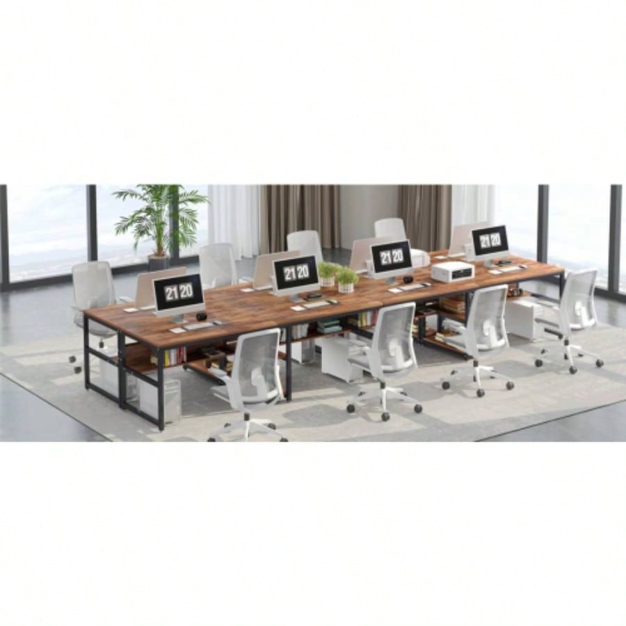 78. Double Desk Two Person with Bookshelves, Rustic Brown Industrial 2 - Person Computer Workstation with Storage Shelves, Home Office Study Writing Table