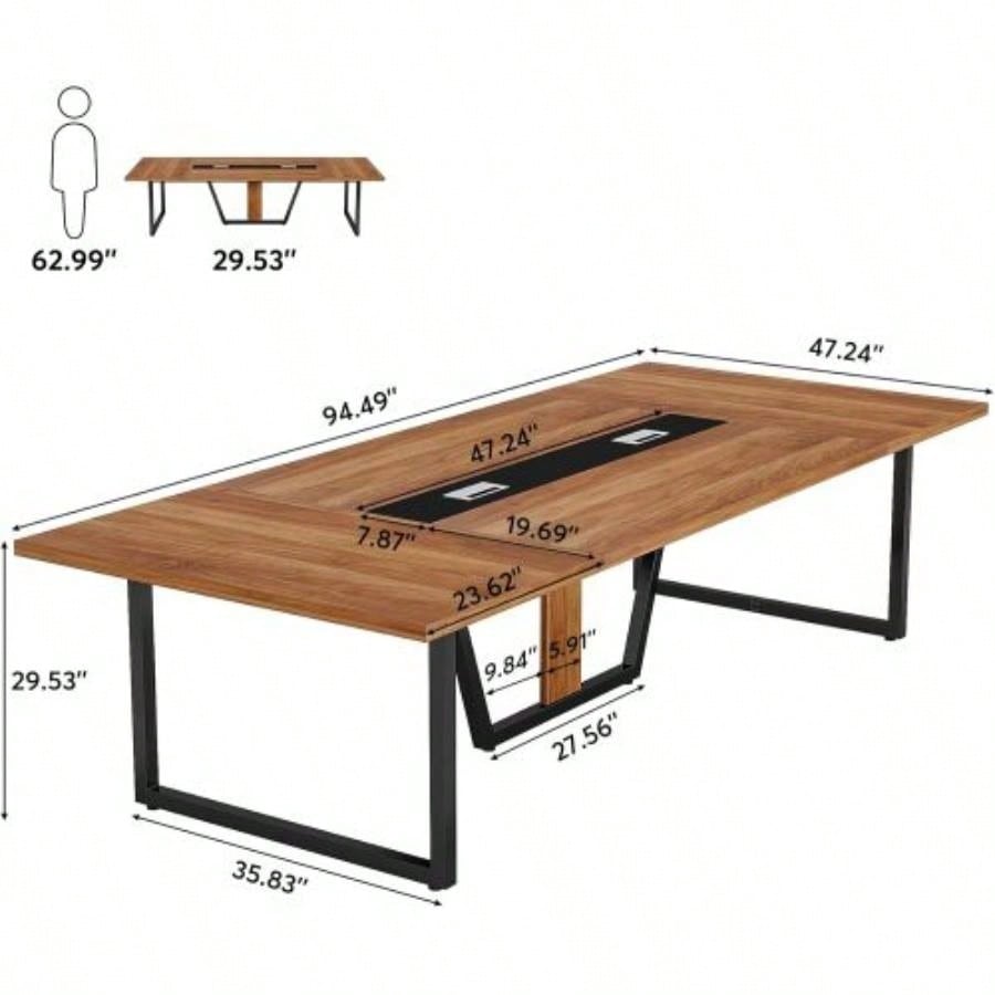 94.5 Large Conference Table 8 - 10 People, Modern Office Meeting Table with Management, Heavy - Duty Metal, Training Boardroom Furniture, Brown Walnut