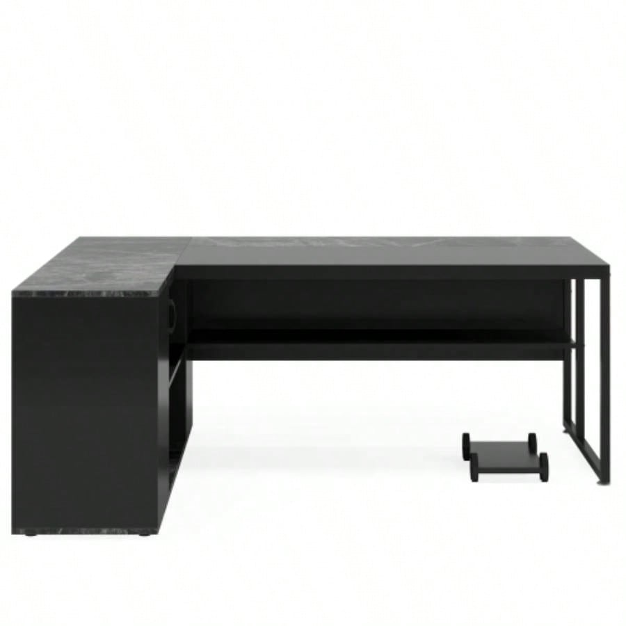 71 L - Shaped Executive Desk with Storage Cabinet Shelves, Large Industrial Home Office Computer Desk, Business Workstation with Printer Cabinet CPU Stand, Black
