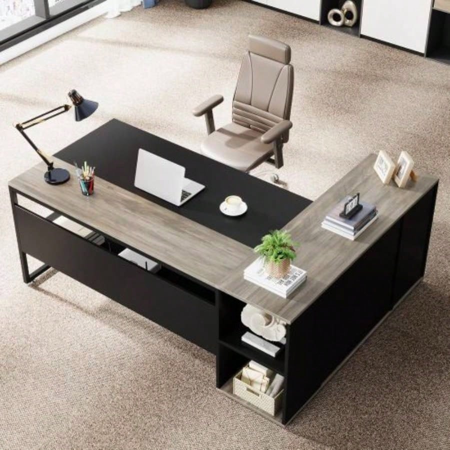 71 L - Shaped Executive Desk with Storage Cabinet Shelves, Large Industrial Home Office Computer Desk, Business Workstation with Printer Cabinet CPU Stand, Rustic Brown and Black