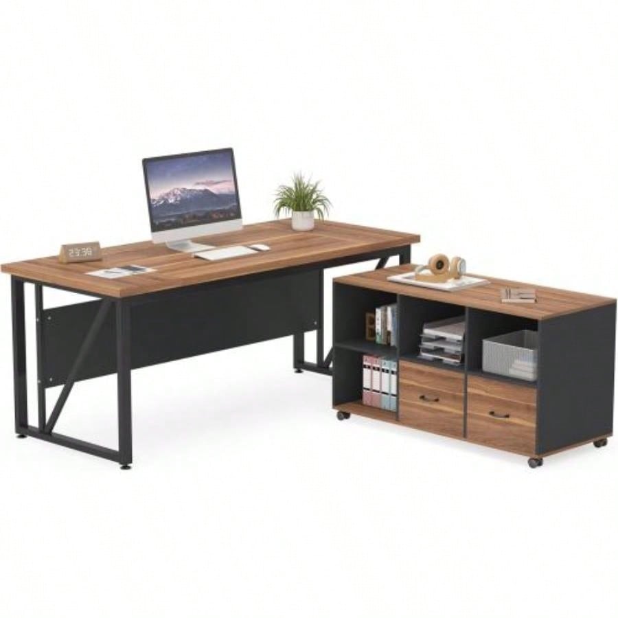 63 - Inch Executive Desk with 47 - Inch Mobile File Cabinet, Large Home Office Desk with Drawers and Storage Shelves, L - Shaped Computer Desk Workstation Business Furniture, Walnut Black