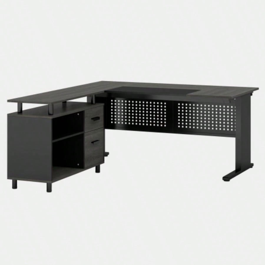 63 L - Shaped Executive Desk with File Cabinet, Large Modern Office Desk with Drawers, Shelves Storage, Corner Computer Workstation Home Office, Business Desk in Gray and Black