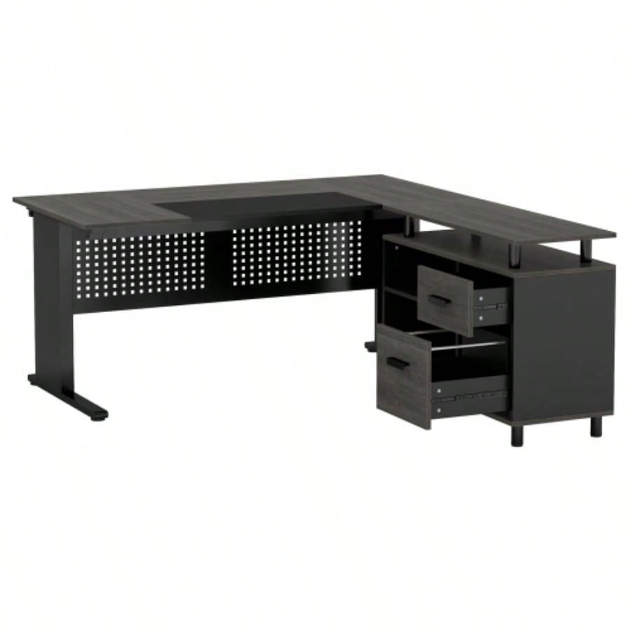63 L - Shaped Executive Desk with File Cabinet, Large Modern Office Desk with Drawers, Shelves Storage, Corner Computer Workstation Home Office, Business Desk in Gray and Black
