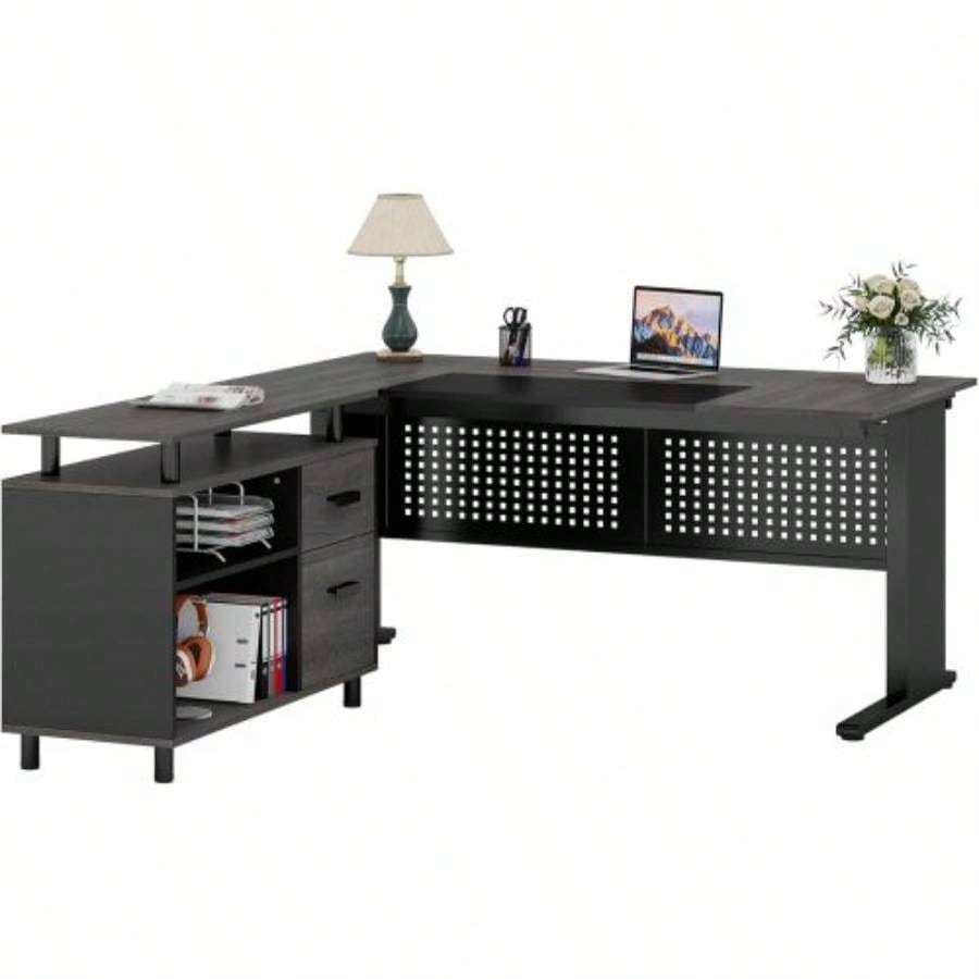 63 L - Shaped Executive Desk with File Cabinet, Large Modern Office Desk with Drawers, Shelves Storage, Corner Computer Workstation Home Office, Business Desk in Gray and Black