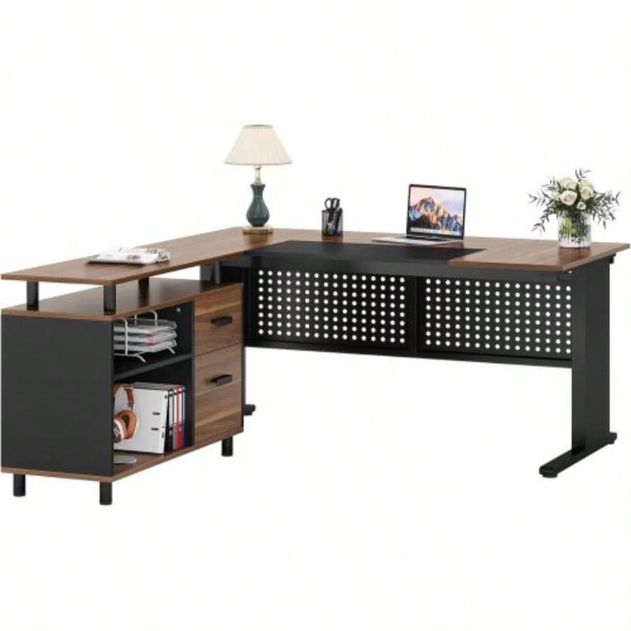 63 L - Shaped Executive Desk with File Cabinet, Large Modern Office Desk with Drawers, Shelves Storage, Corner Computer Workstation Home Office, Business Desk in Rustic Brown and Black