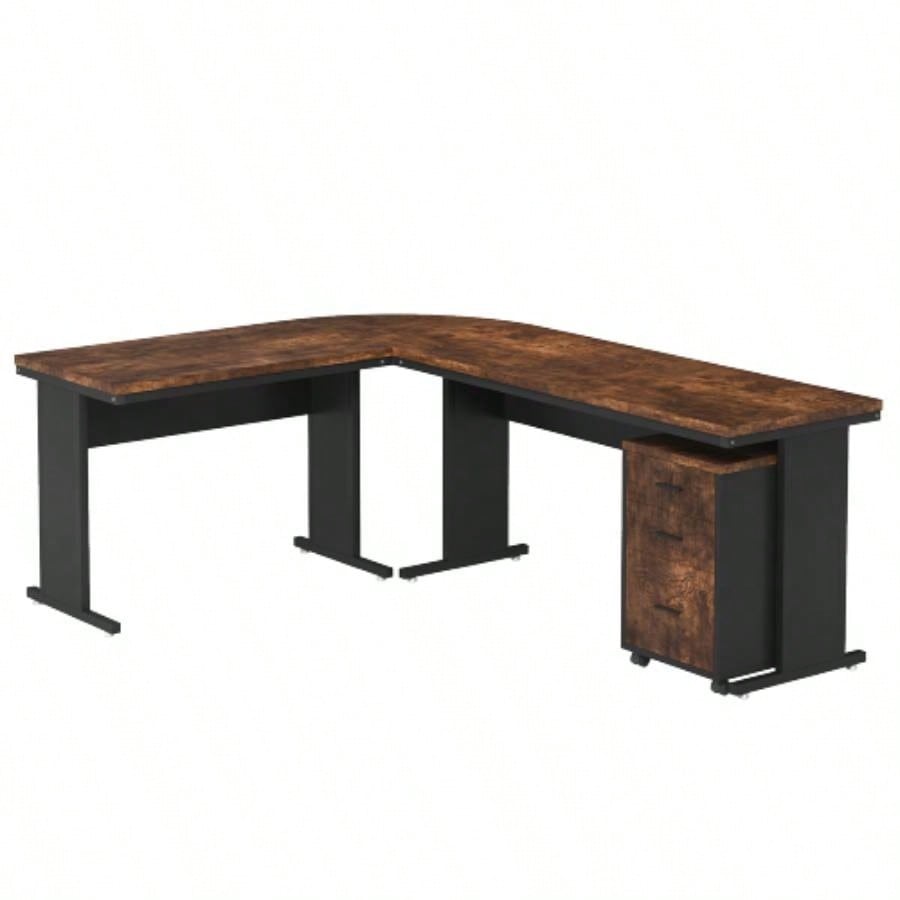 83 L - Shaped Executive Desk, Large Industrial Corner Computer Table with Reversible Design, 3 - Drawer Mobile File Cabinet, Business Workstation Home Office, Rustic Brown Black