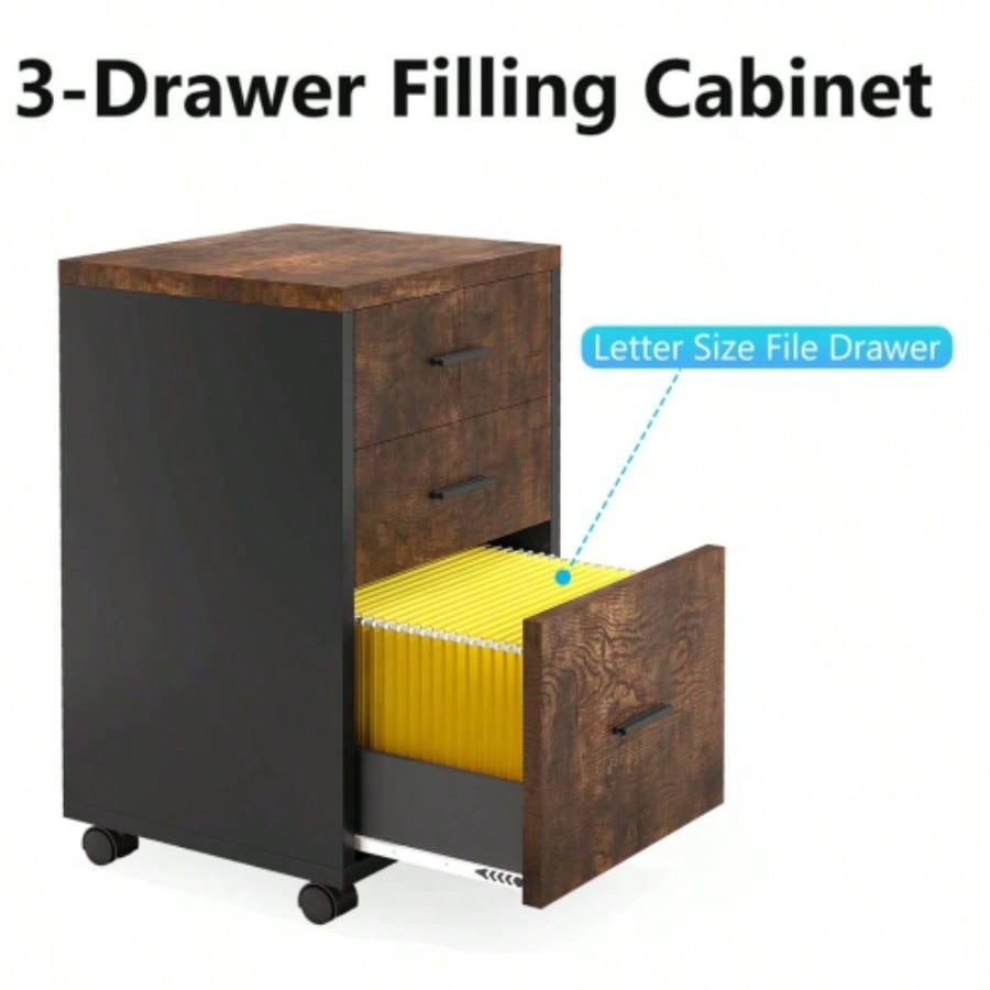 83 L - Shaped Executive Desk, Large Industrial Corner Computer Table with Reversible Design, 3 - Drawer Mobile File Cabinet, Business Workstation Home Office, Rustic Brown Black
